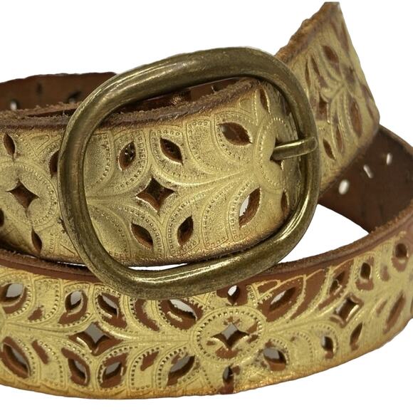 Fossil Distressed Laser Cut Tooled Gold Tone Belt Western Bling Festival Cowgirl - Picture 1 of 11